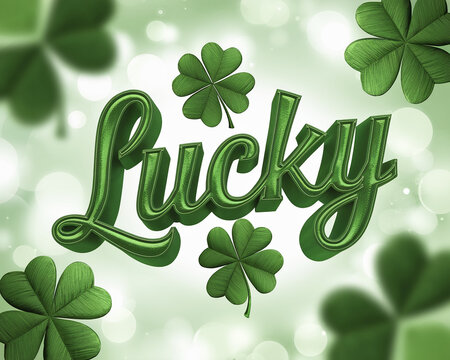 "Lucky" text with green clovers and a bokeh background, symbolizing good fortune, St. Patrick's Day, and Irish luck