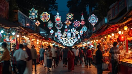 The image showcases a lively night market adorned with vibrant festival lights and decorations, filled with people enjoying the bustling atmosphere and cultural diversity of a festive celebration.    