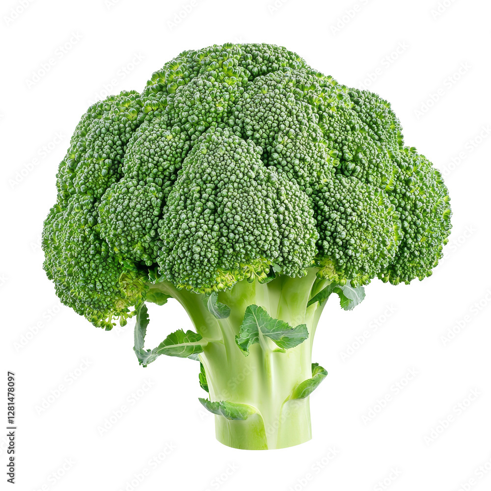 Poster close-up studio shot of a vibrant green broccoli floret against a dark backdrop highlighting its tex