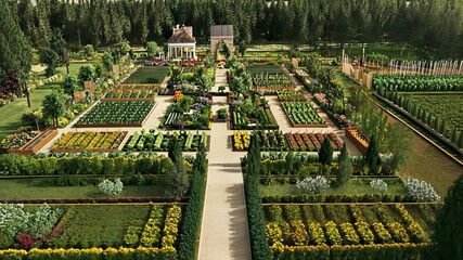 Explore a lush community garden showcasing various plants and flowers in a vibrant landscape