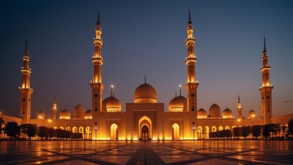 Naklejka premium The image showcases a grand mosque with beautifully illuminated domes and minarets against a night sky, highlighting its majestic and traditional Islamic architecture. 