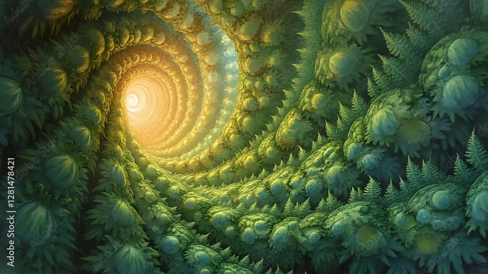 Poster the image depicts a mystical forest scene with a spiral pathway of lush green foliage illuminated by