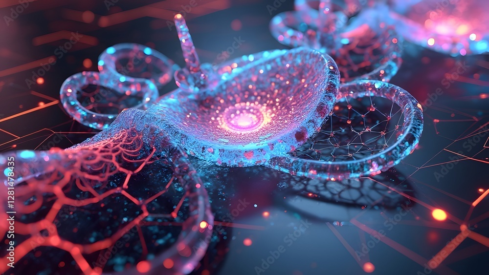 Fototapete the image features a futuristic and abstract digital design with glowing neon elements, resembling a