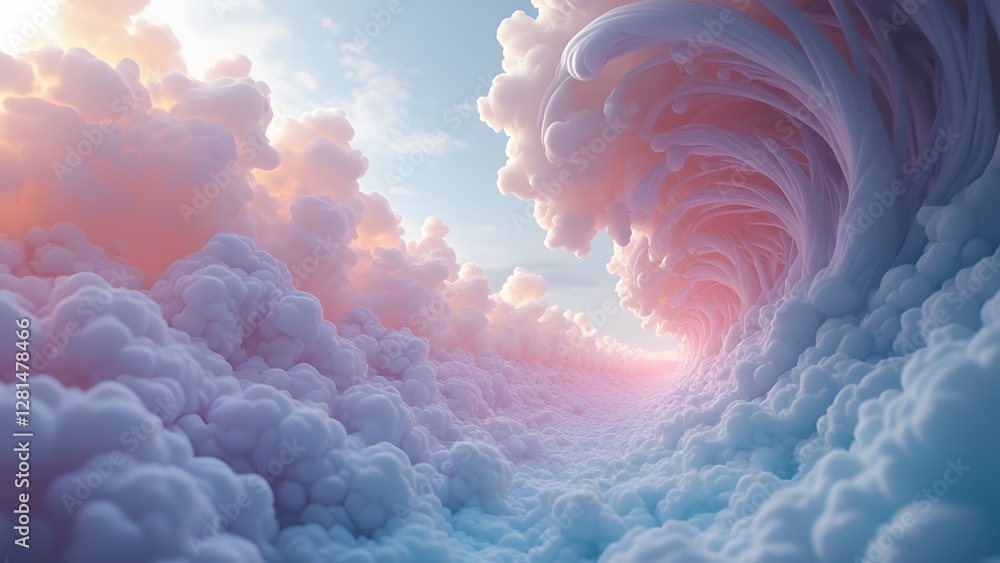 Poster the image depicts a dreamy cloudscape with swirling pastel clouds in pink and blue, creating an ethe