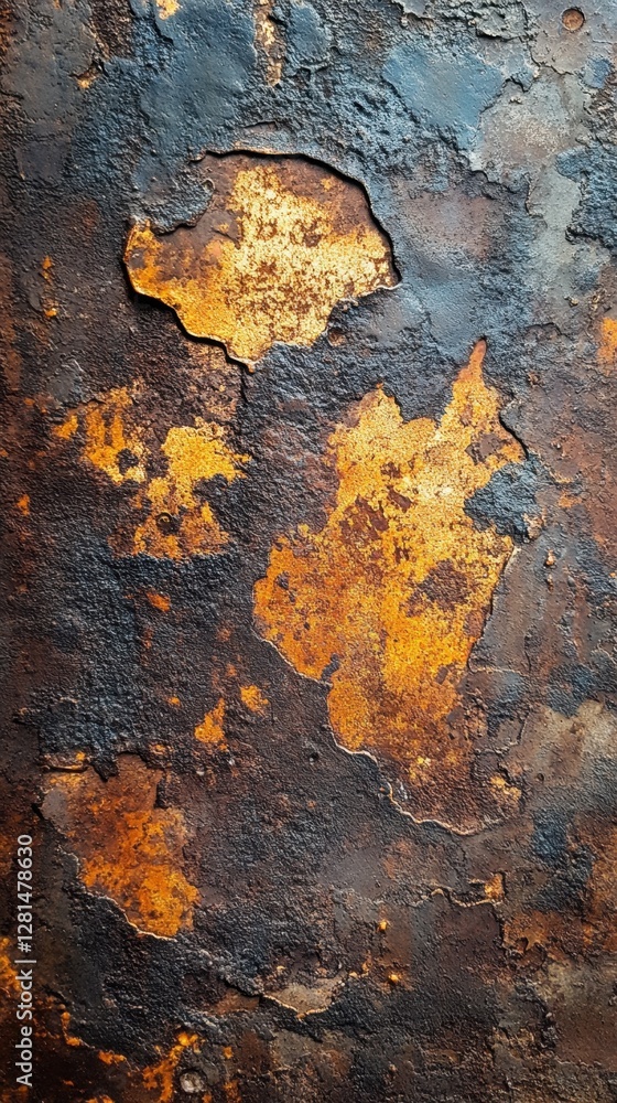 Poster abstract close up of weathered metal surface with rust and paint peel for texture and background ind