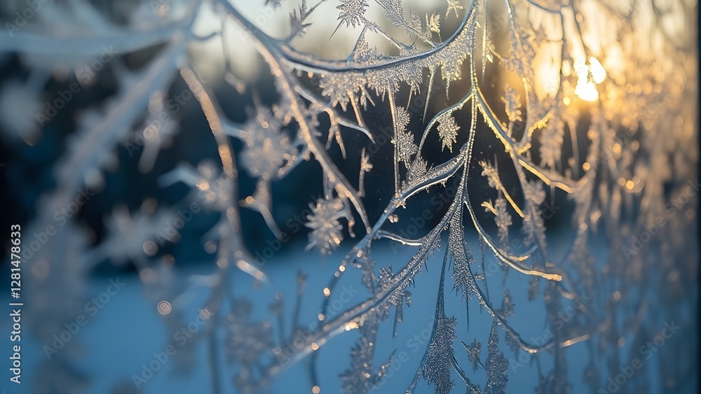Aufkleber the image captures intricate frost patterns on a window with a sunrise glowing through, creating a s