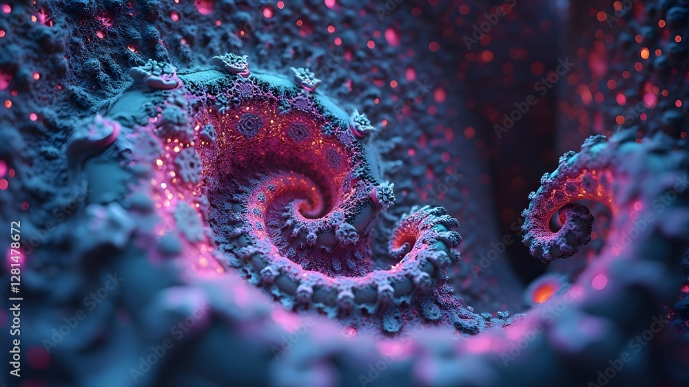 Poster the image features a vibrant, fractal spiral with glowing colors and intricate, swirling patterns.