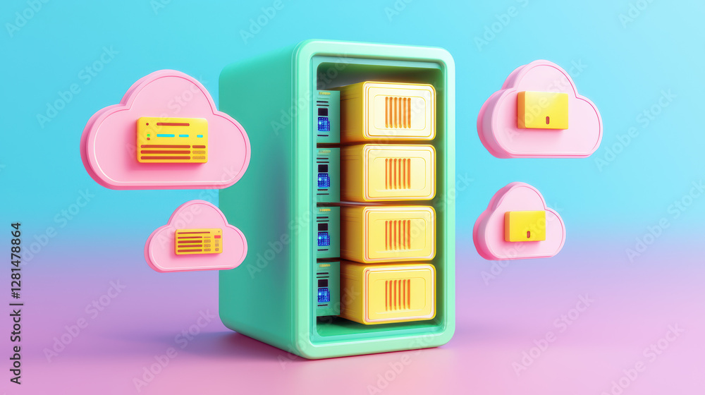 Poster could based file storage. colorful data storage illustration with cloud connections.