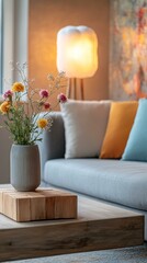 Cozy Living Room Decor with Wooden Coffee Table and Flowers