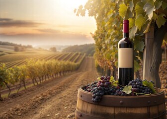 Fototapeta premium Red Wine Bottle in Vineyard at Sunrise