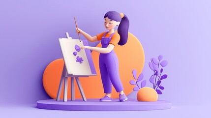 Fototapeta premium Girl Painting a Picture Soft colors 3D illustration.