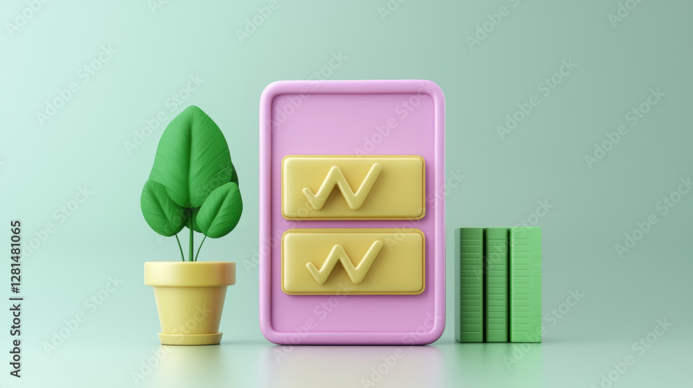Aufkleber could based file storage. colorful 3d objects including a plant, blocks, and stacks in a playful arr