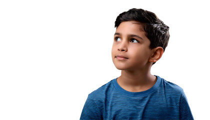 Portrait of a curious young boy, thinking and looking up, isolated on transparent background