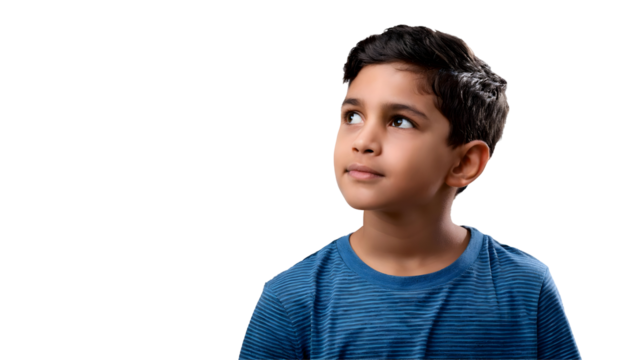 Portrait of a curious young boy, thinking and looking up, isolated on transparent background