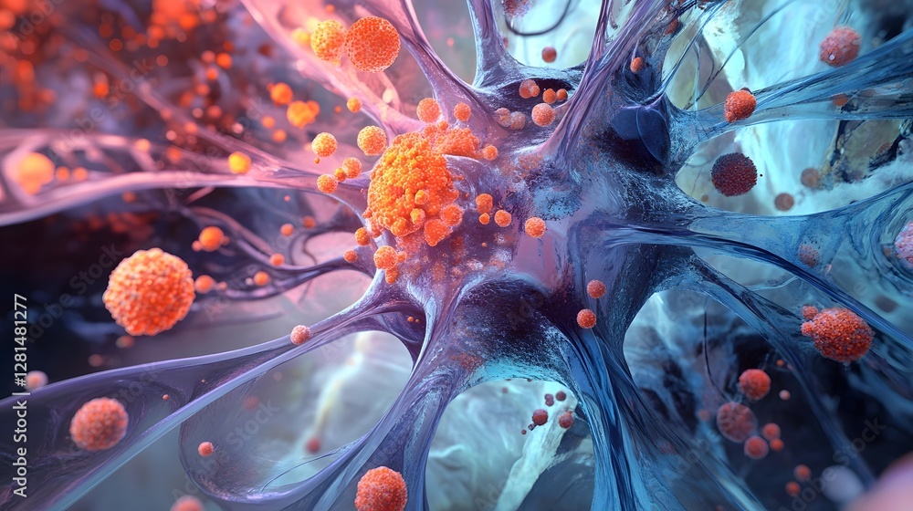 Poster vibrant and dynamic abstract depicting complex microscopic structures organic molecular patterns and