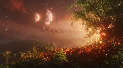 Ethereal Nightscape: Twin Moons Over a Luminous Meadow