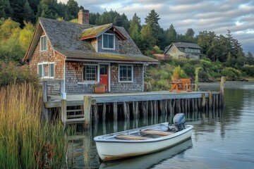 Obraz premium Waterfront Property. Bay Home with Dock and Boat on the Waterfront