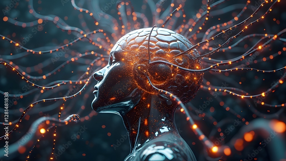 Aufkleber this image portrays a futuristic cyborg with a brain connected to glowing neural networks, symbolizi