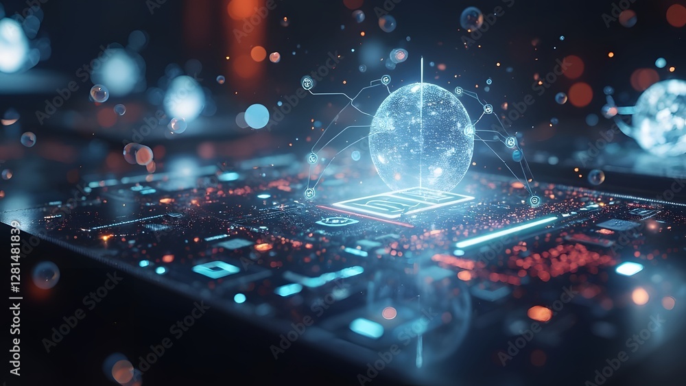 Fototapete the image presents a futuristic digital interface featuring a glowing holographic sphere on a circui