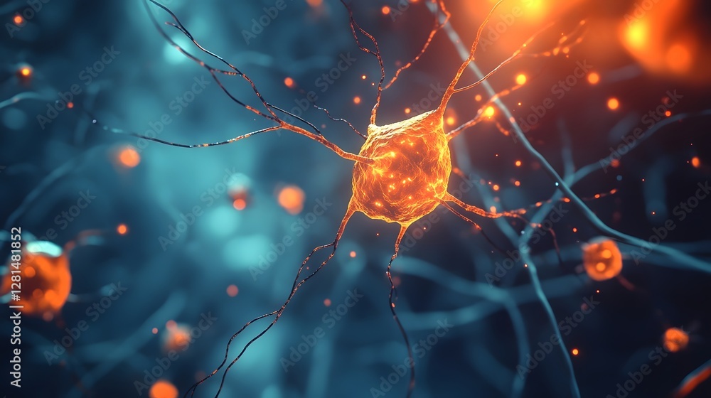 Poster Vibrant and dynamic image of a colorful glowing neural network with intricate synapse connections pulsing with electric energy and neurological activity