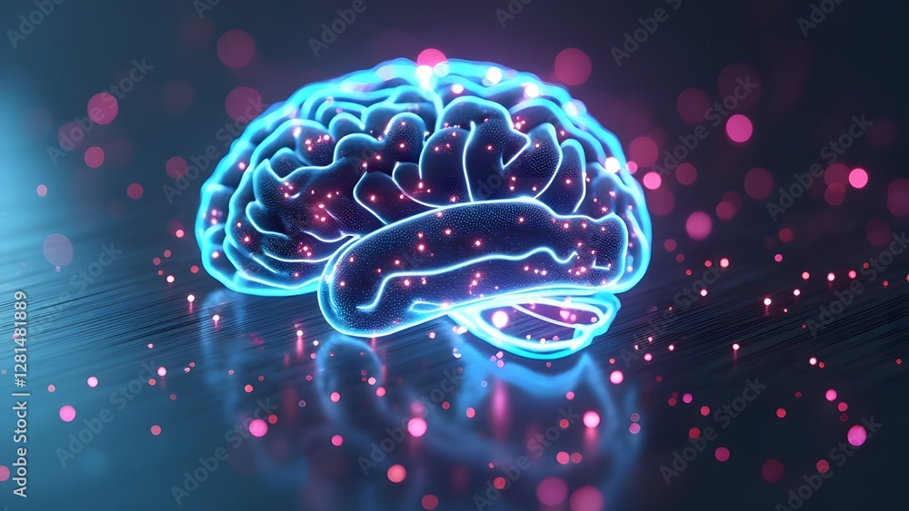 Aufkleber the image showcases a glowing digital hologram of a brain in neon blue, surrounded by pink accents, 