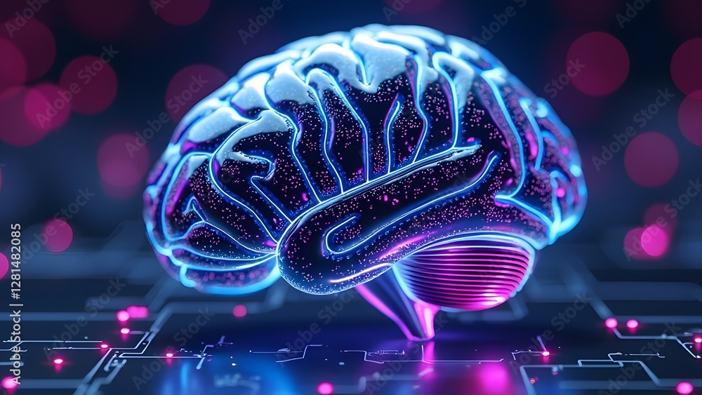 Poster the image features a digital depiction of a brain with glowing neural connections, highlighting futu