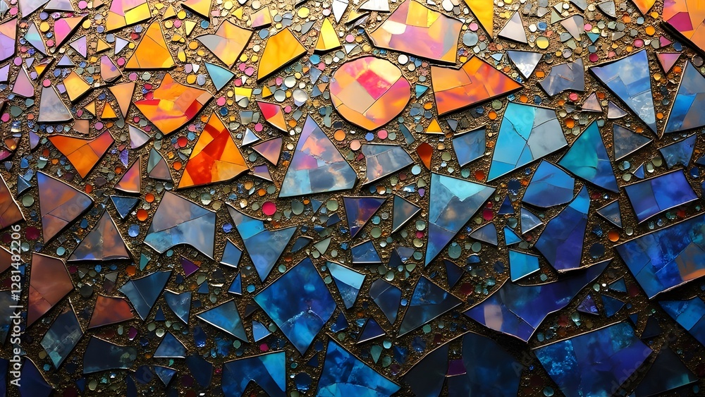 Fototapete the image depicts a vibrant mosaic composed of colorful geometric tiles and shapes, forming an intri