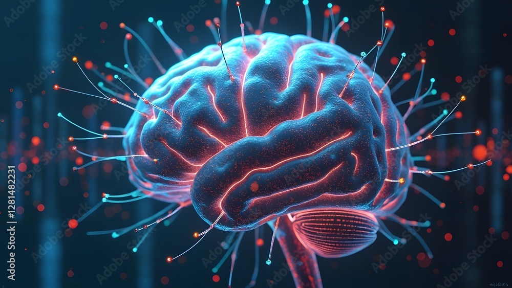 Fototapete the image showcases a digital representation of a brain with glowing neural connections, emphasizing