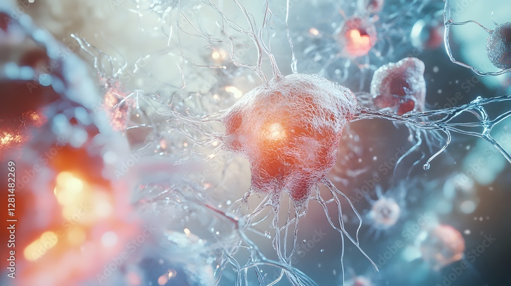 Poster Vibrant and dynamic microscopic image showcasing the intricate network of nerve cells and synaptic connections within the human brain