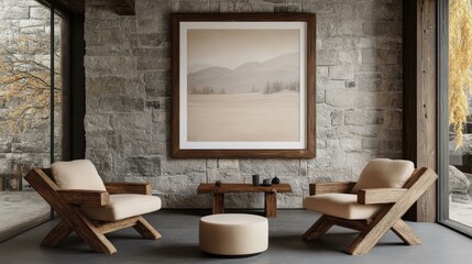 Modern Rustic Living Room with Wooden Chairs and Artwork