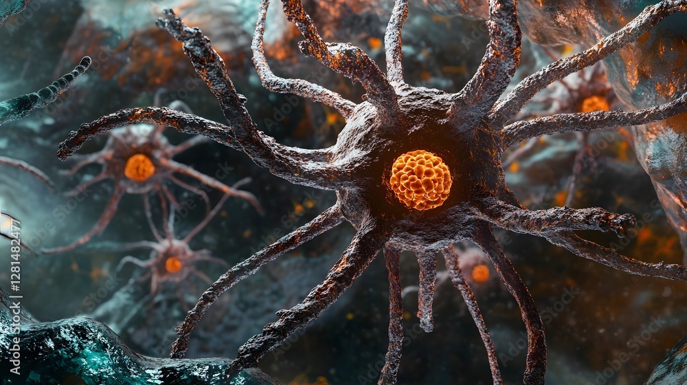 Poster Vibrant and dynamic visualization of a synaptic neural network showcasing the intricate anatomy and interconnectivity of the cerebral cortex  This abstract