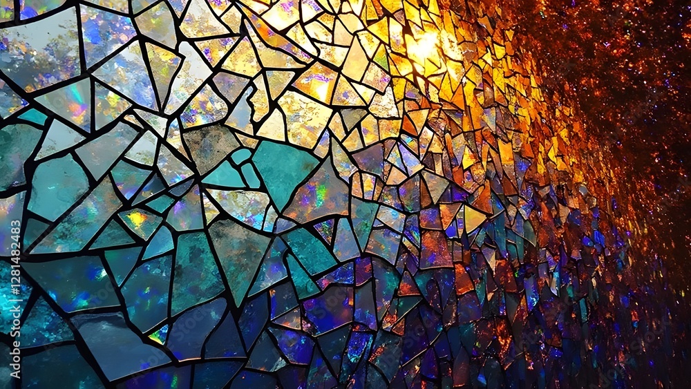 Aufkleber the image captures a vibrant stained glass mosaic with intricate patterns and dynamic colors, reflec