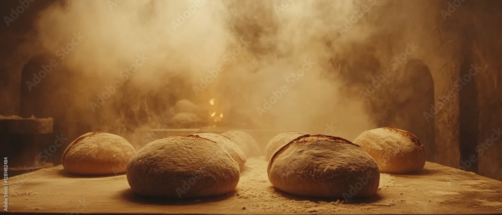 Poster rustic bread baking in a stone oven with steam creating a warm inviting atmosphere for bakery produc
