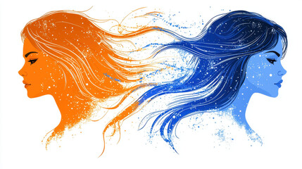 Two artistic profiles of women with flowing hair, one in orange and other in blue, symbolize contrast and harmony. dynamic design suggests balance and duality