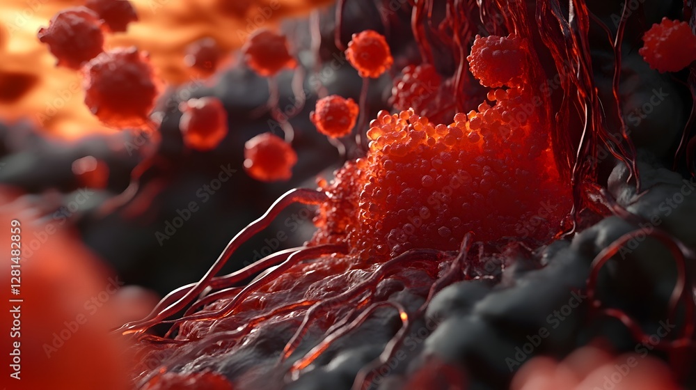 Poster Vibrant and intricate microscopic patterns of cellular and molecular structures in vivid shades of red and orange  This abstract scientific image could be used for medical healthcare biology