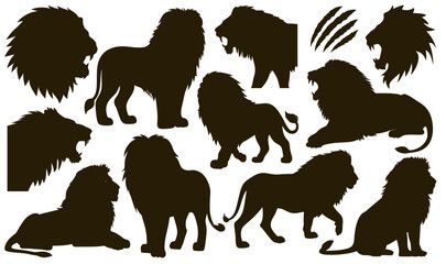 Obraz premium Lion silhouettes with powerful stance, regal mane, and African landscape, symbolizing strength and wilderness of a savanna predator