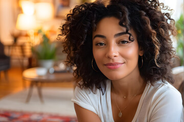 Fototapeta premium A woman with curly hair is sitting on a couch and smiling