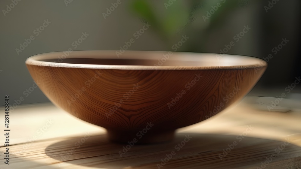 Poster The image shows a wooden bowl with elegant curves and a smooth texture, placed on a table, emphasizing its natural materials and minimalist design in a warm setting.  