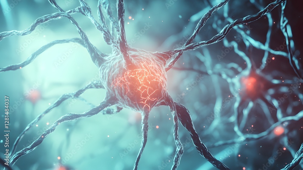 Poster Vibrant Cerebral Nerve Synaptic Connections in Futuristic Neural Network  Abstract digital of a glowing illuminated neural network with bright colorful synaptic activity and energy discharges
