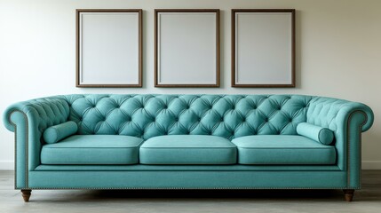 Teal Chesterfield Sofa with Blank Picture Frames