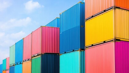 Fototapeta premium A vibrant display of stacked shipping containers in various colors against a bright blue sky, showcasing industrial aesthetics.
