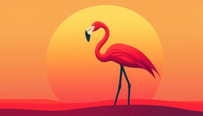 Naklejka premium A vibrant flamingo stands elegantly against a warm sunset backdrop, showcasing its stunning red feathers and graceful posture.