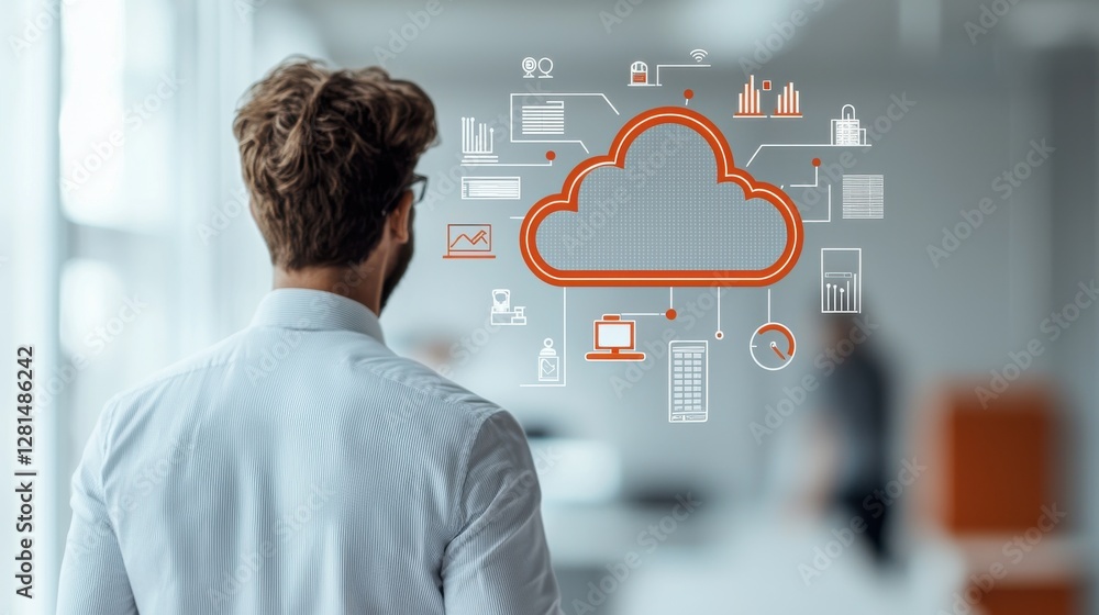 Poster office worker engaging cloud computing solutions in modern workspace digital interaction professiona