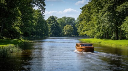 Serene River Cruise on a Sunny Day with Lush Greenery and a Classic Wooden Boat Creates a Peaceful Ambiance
