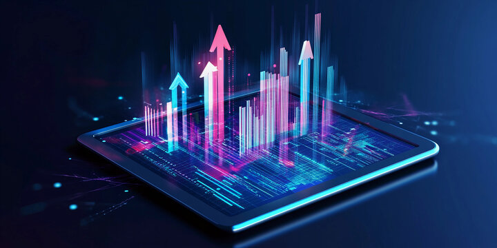 Business tablet displays virtual growth arrow trends. Generative AI