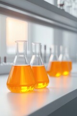 Brightly colored liquids in glass flasks create an engaging scie