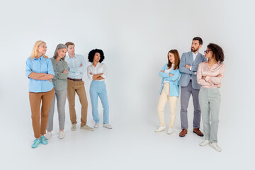 Fototapeta premium Group of diverse professionals collaborating in a modern office setting with a focus on teamwork and coordination