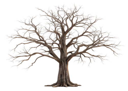 Old dead spooky tree isolated on white, gnarled tree on white surface, Cut Out