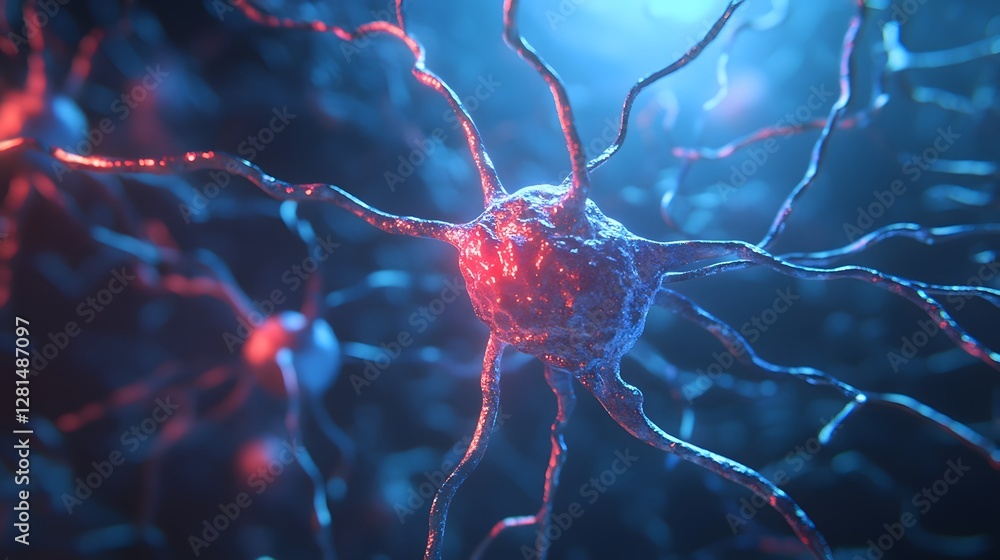 Aufkleber Vibrant Energetic Neural Network of Futuristic Biological Microscopic Structure Representing the Complex Interconnected System of Nerve Cells and Synapses in the Brain or Scientific Research