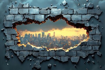 Breakthrough Cityscape Revealed Through Broken Brick Wall